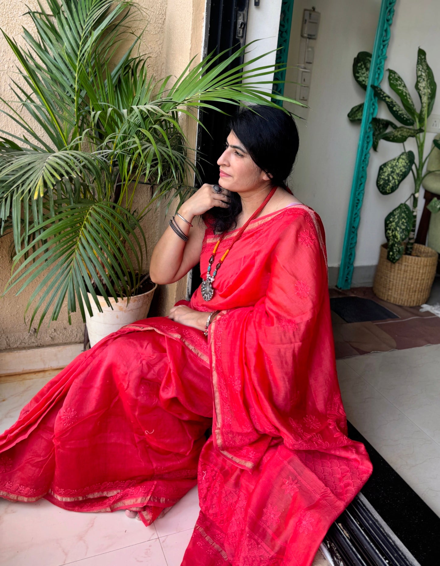 coral red chikankari Saree I Handcrafted