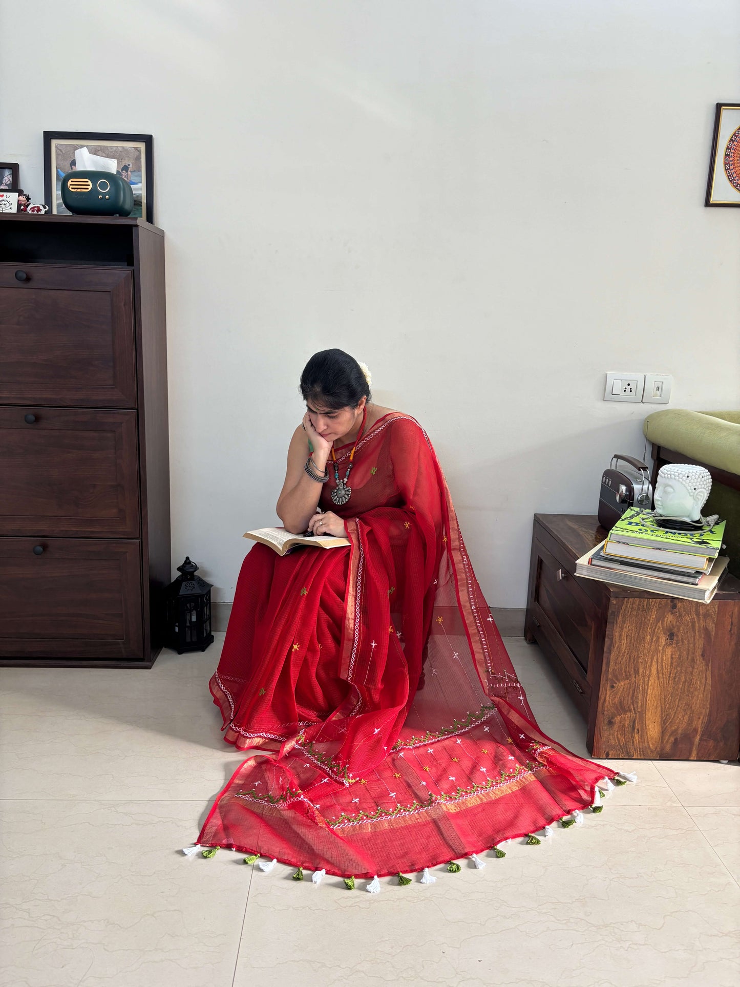Sindoor Red Kota Saree with hand embroidery I Handcrafted