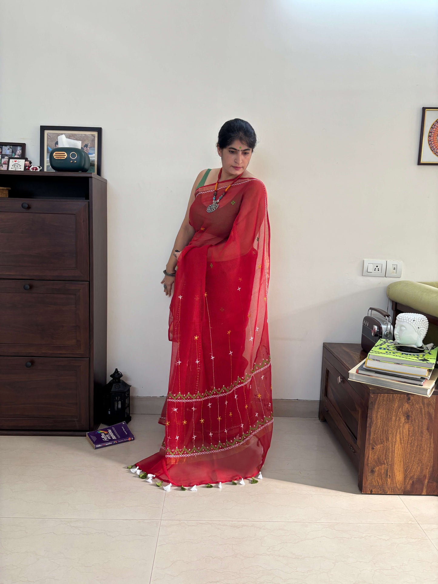 Sindoor Red Kota Saree with hand embroidery I Handcrafted