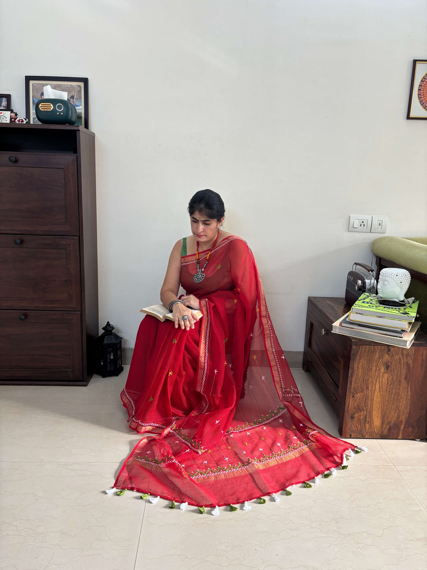 Sindoor Red Kota Saree with hand embroidery I Handcrafted