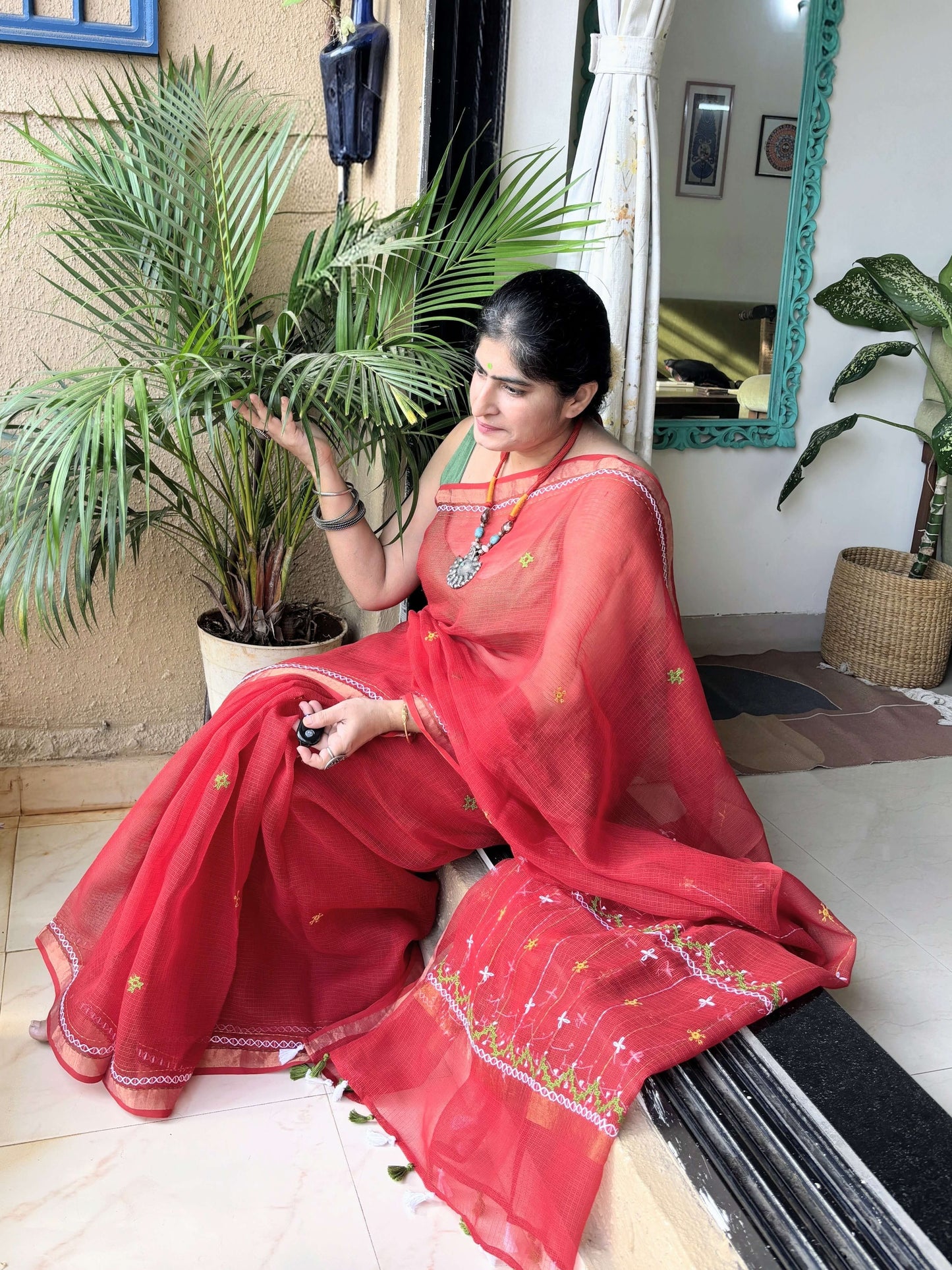 Sindoor Red Kota Saree with hand embroidery I Handcrafted