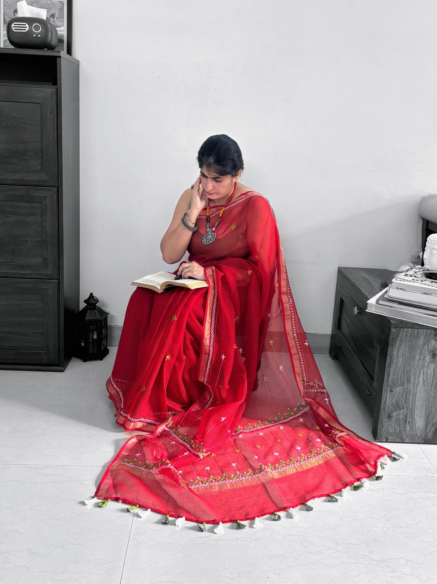 Sindoor Red Kota Saree with hand embroidery I Handcrafted