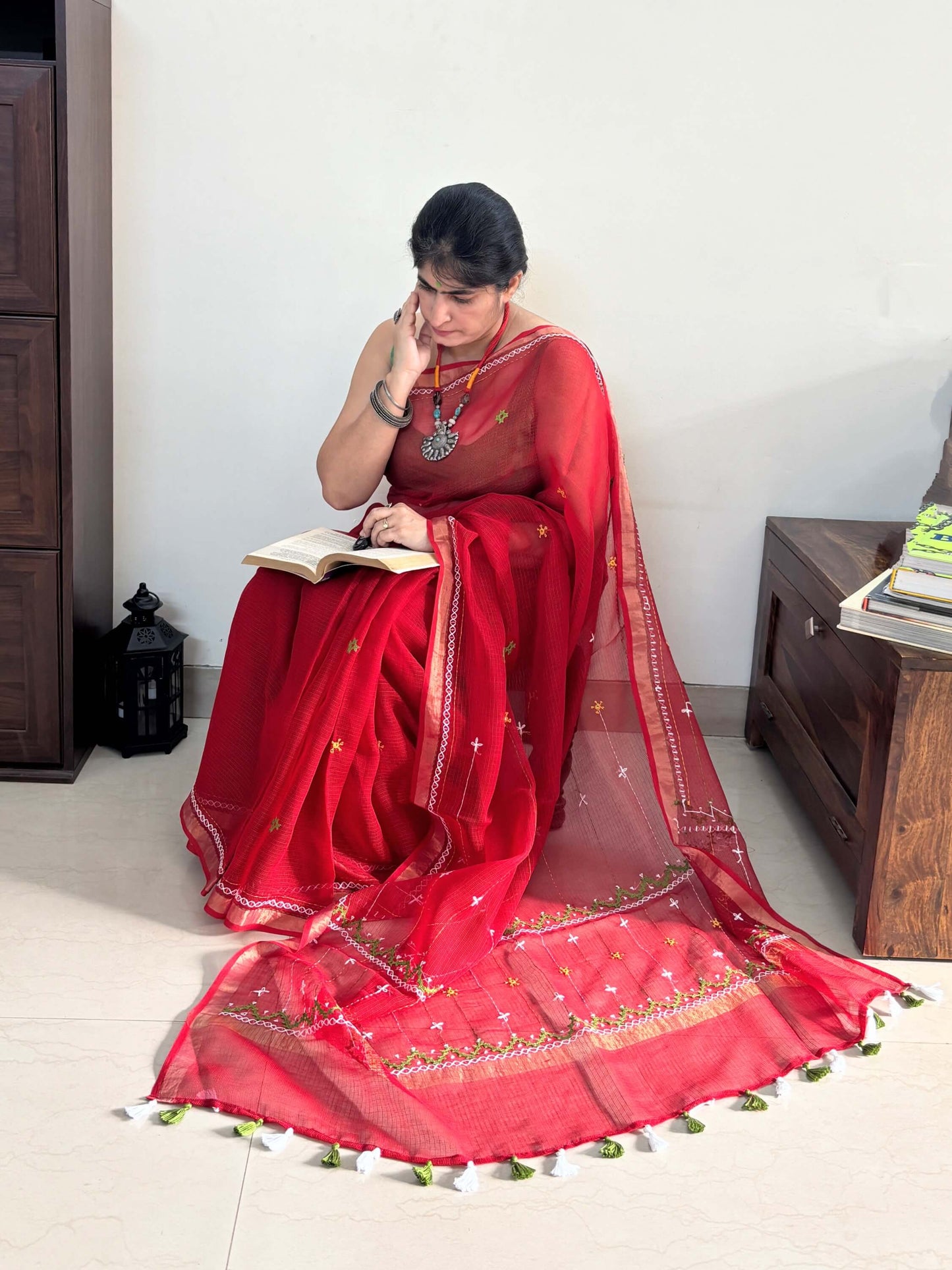Sindoor Red Kota Saree with hand embroidery I Handcrafted