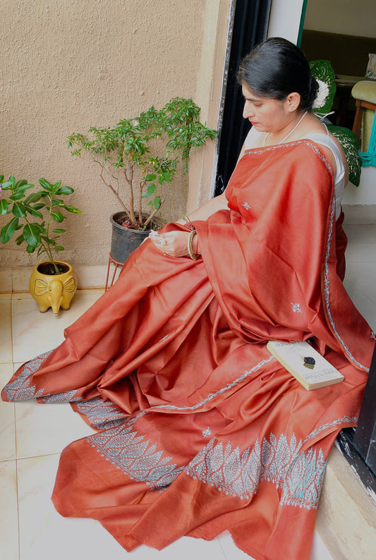 rust sozni saree in mulberry silk for festivals