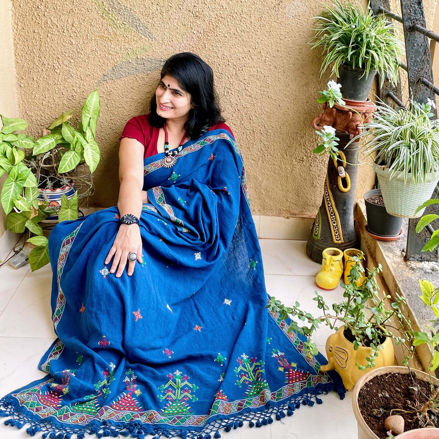Pre book -Soof Embroidery Kala cotton saree in indigo