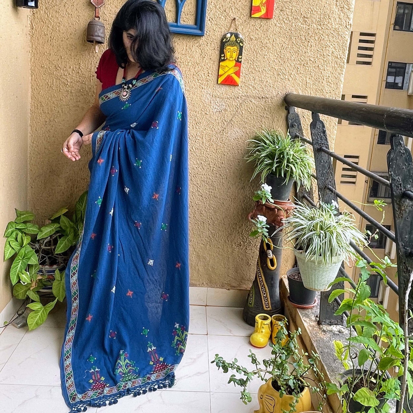 Pre book -Soof Embroidery Kala cotton saree in indigo