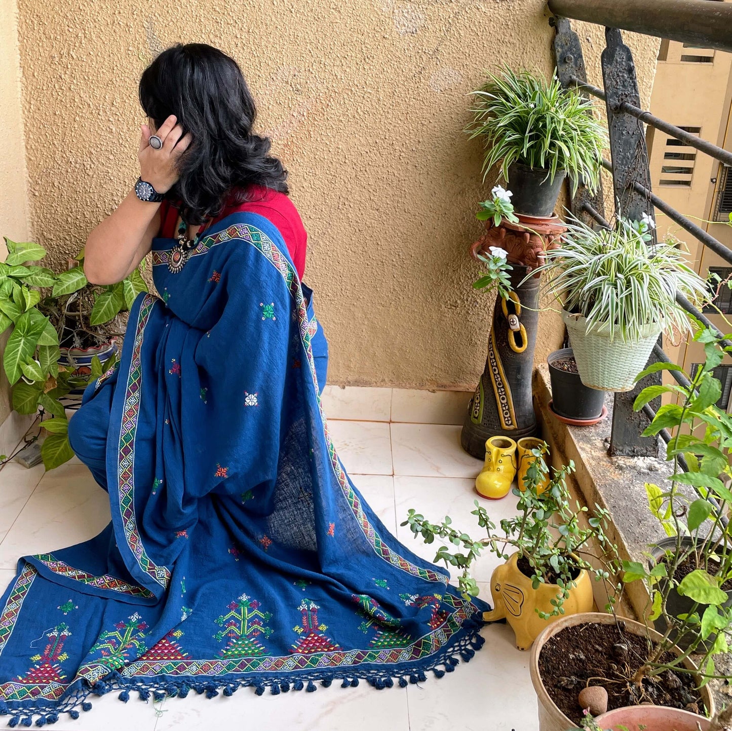 Pre book -Soof Embroidery Kala cotton saree in indigo
