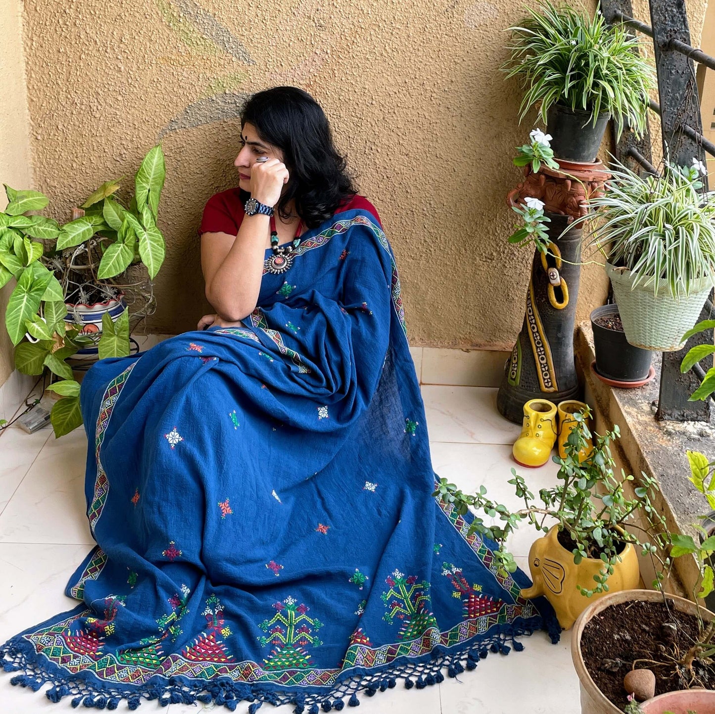 Pre book -Soof Embroidery Kala cotton saree in indigo