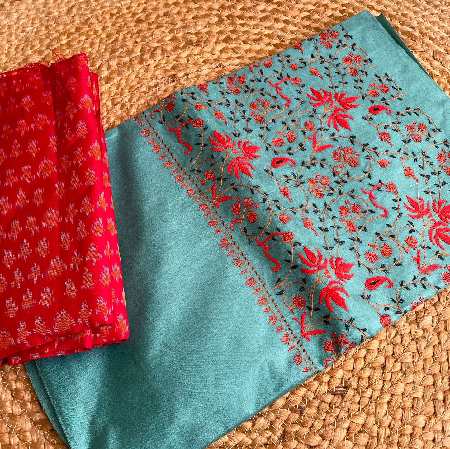 Teal sozni work kashmiri silk saree