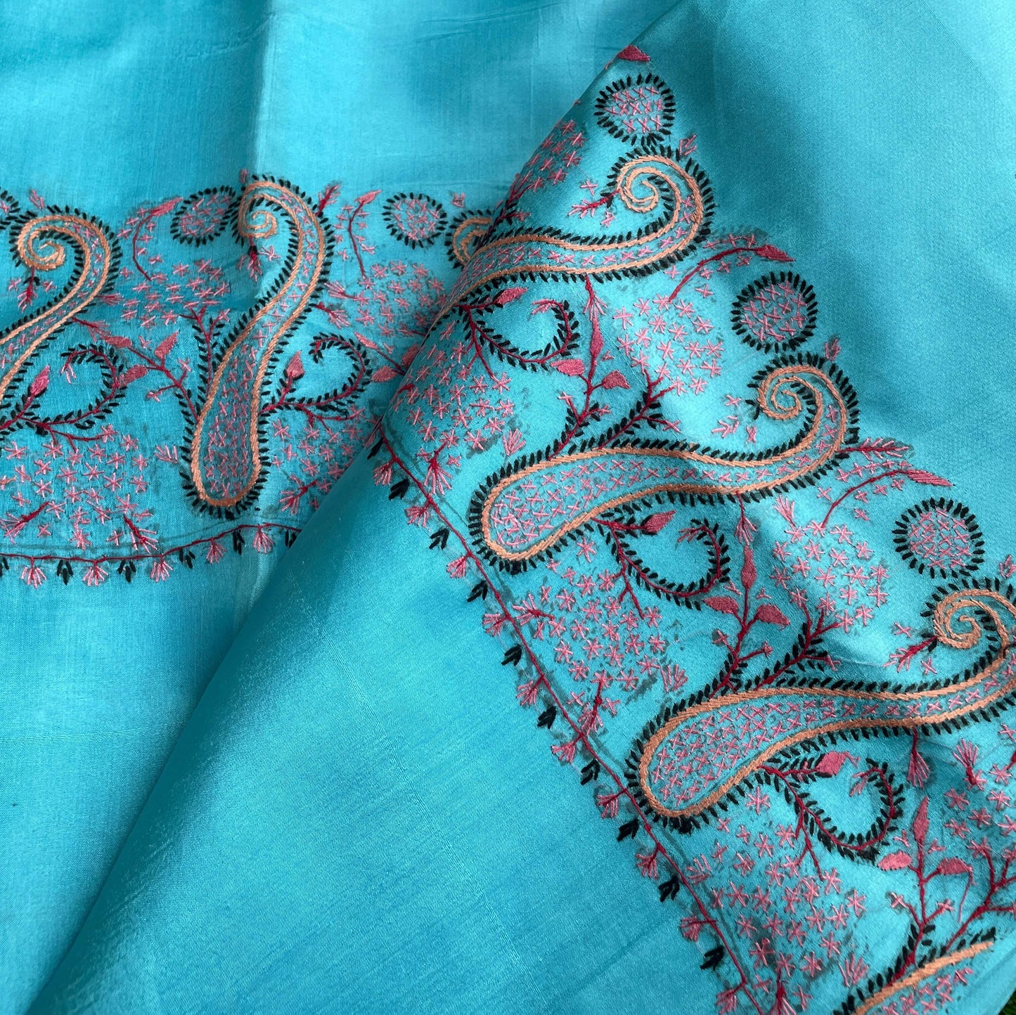 Turquoise Blue Silk Sozni Saree