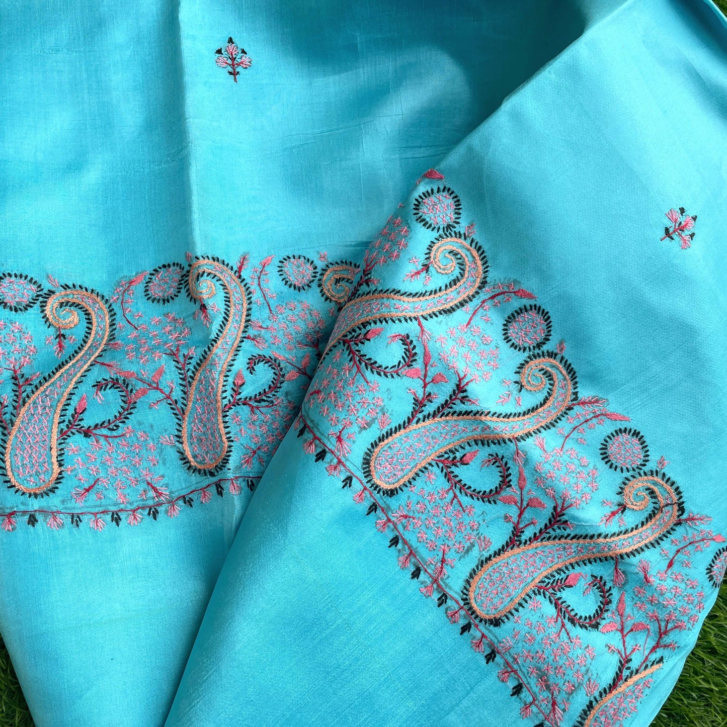 Turquoise Blue Silk Sozni Saree