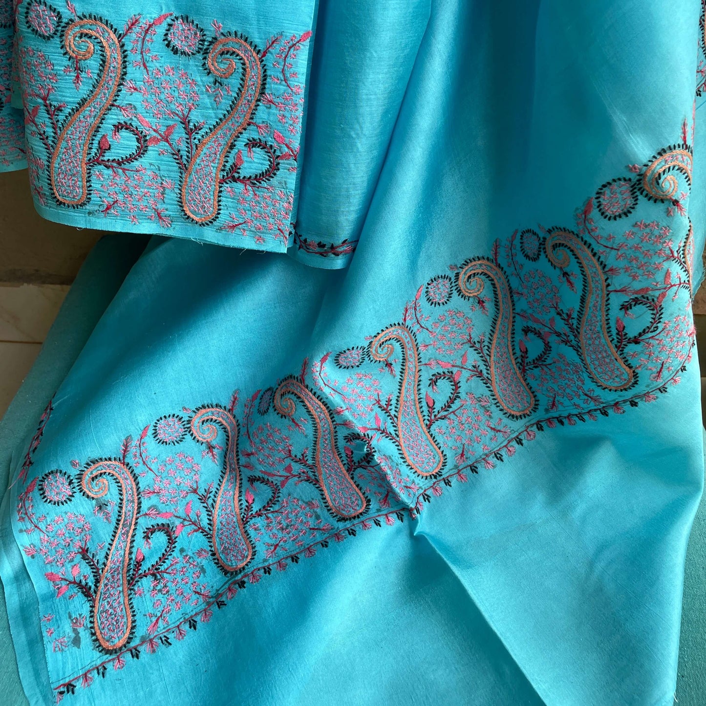 Turquoise Blue Silk Sozni Saree