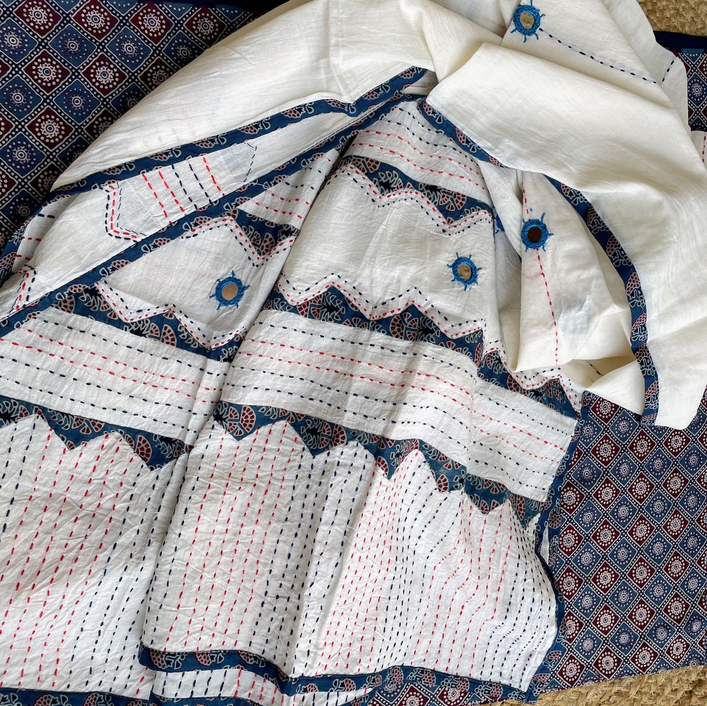 White blue Applique Dupatta set