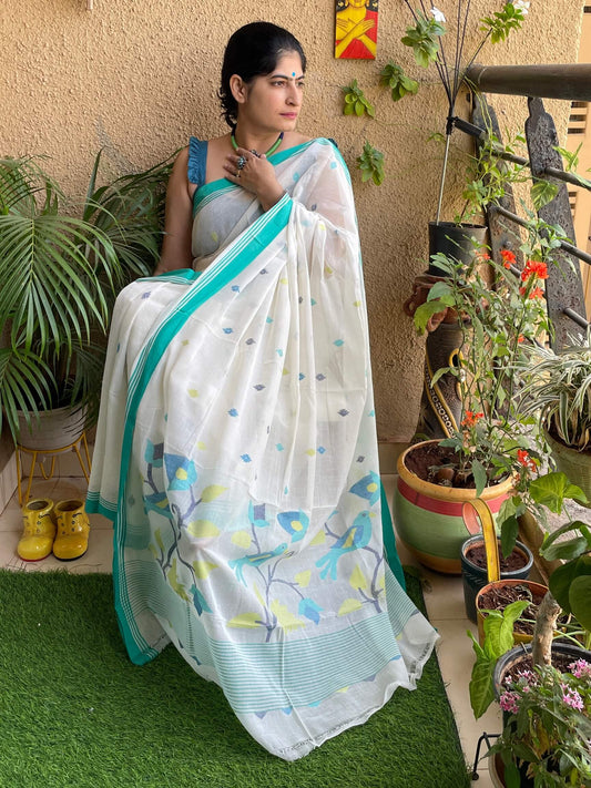 White Jamdani cotton saree