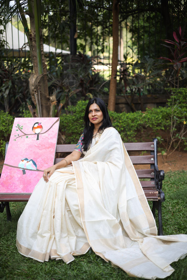 Off white Kosa silk saree with zari