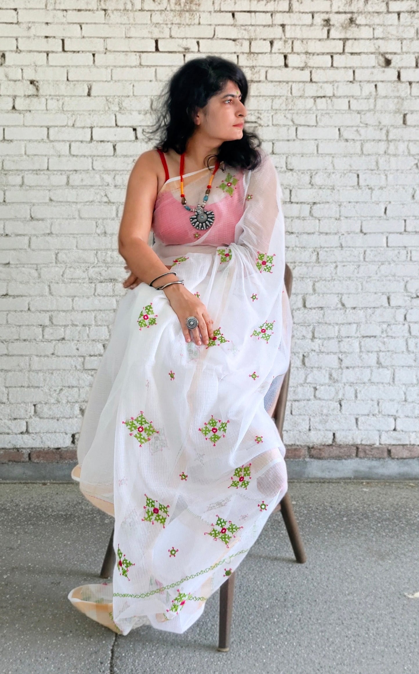 Ivory white Kota Saree with hand embroidery I Handcrafted