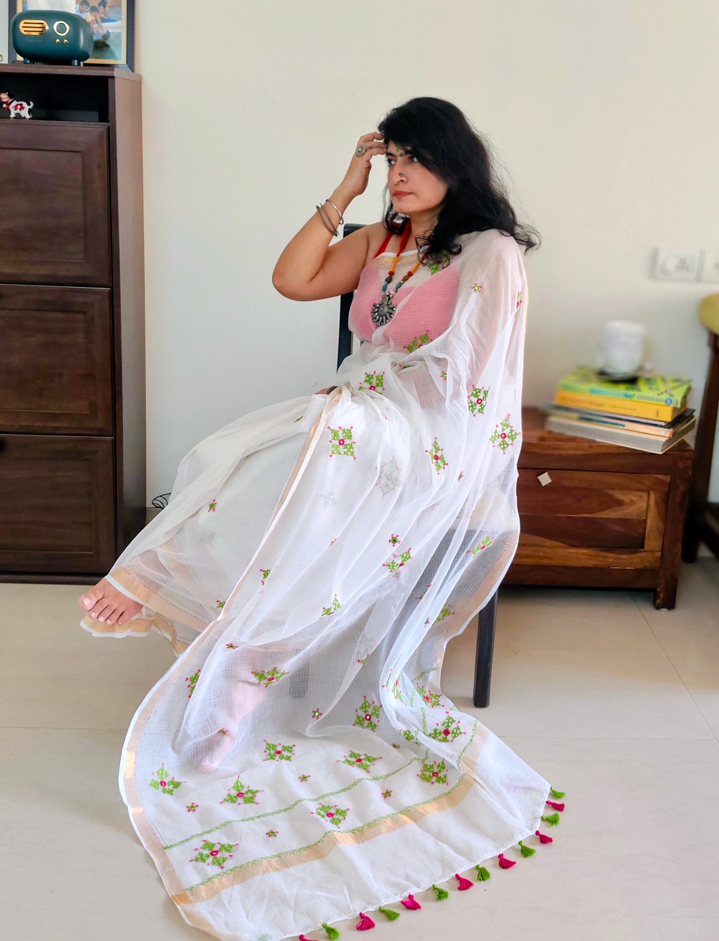 Ivory white Kota Saree with hand embroidery I Handcrafted