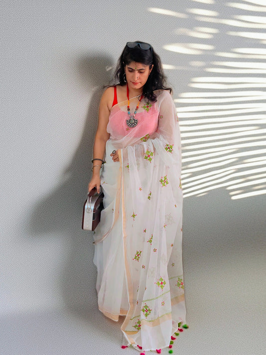 Ivory white Kota Saree with hand embroidery I Handcrafted