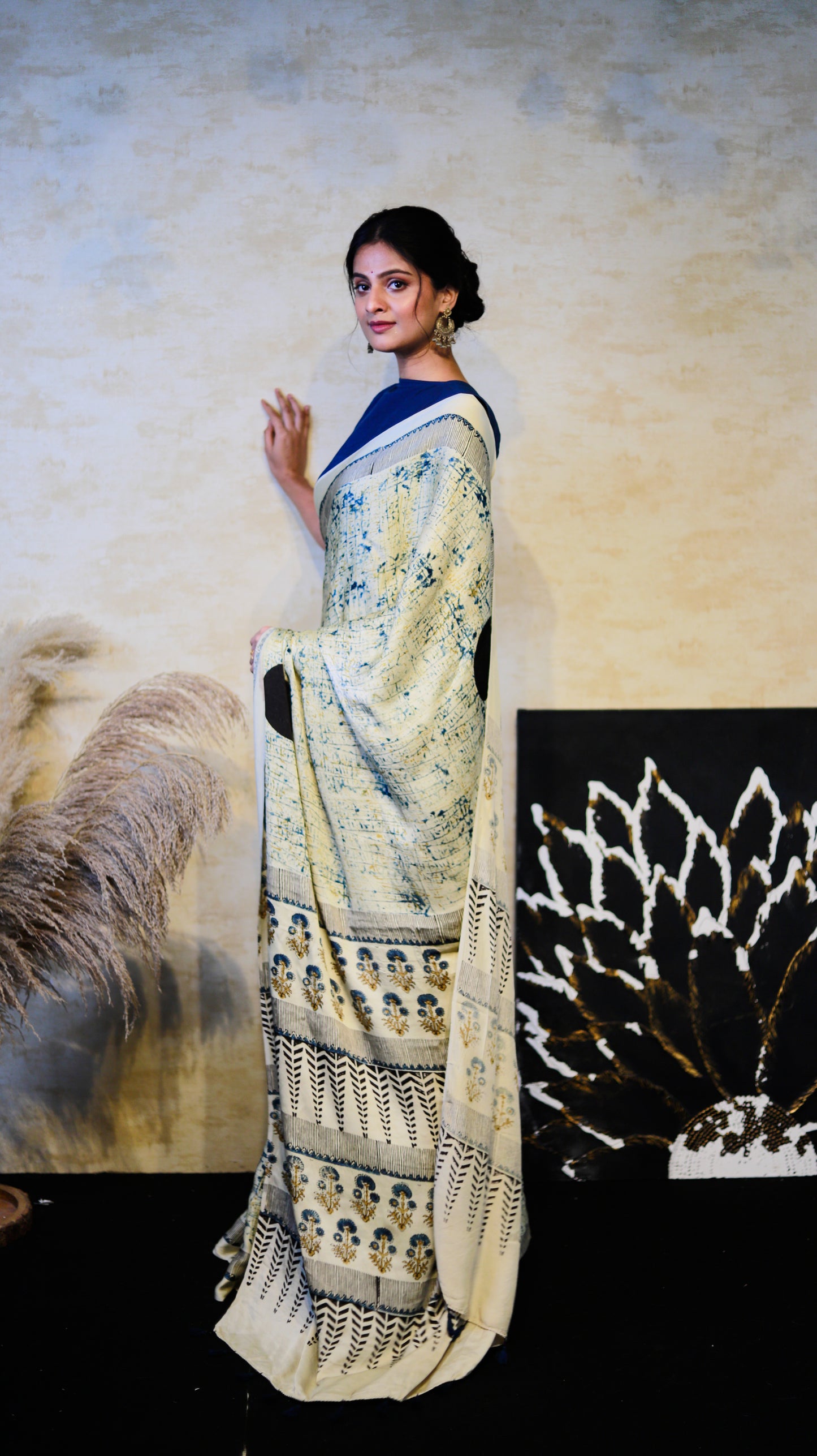Milky white Modal Silk Saree I Ajrakh