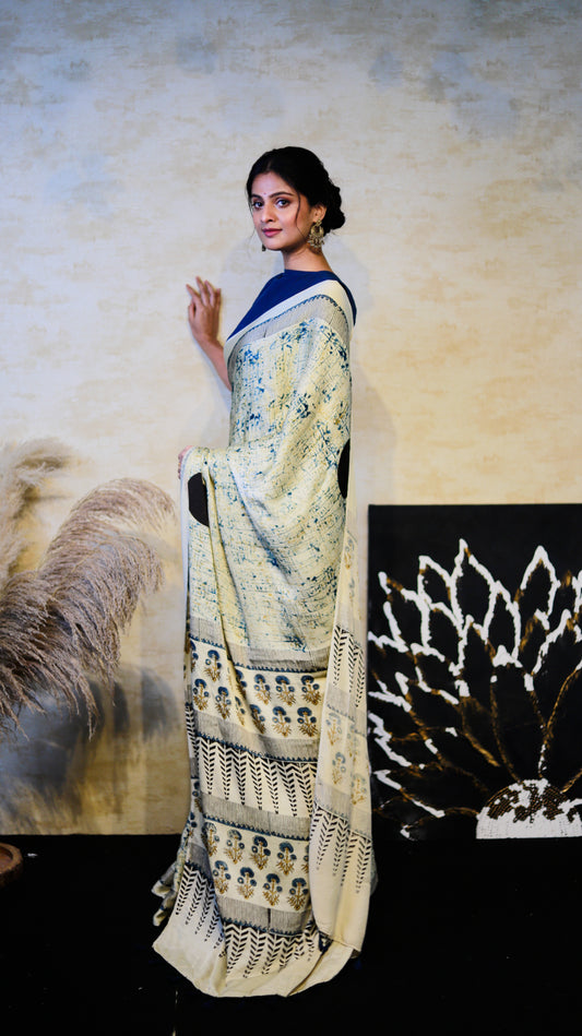 Milky white Modal Silk Saree I Ajrakh