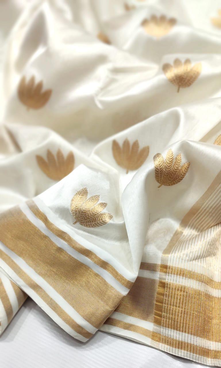 White gold Chanderi Silk Saree I Silk mark I Handwoven