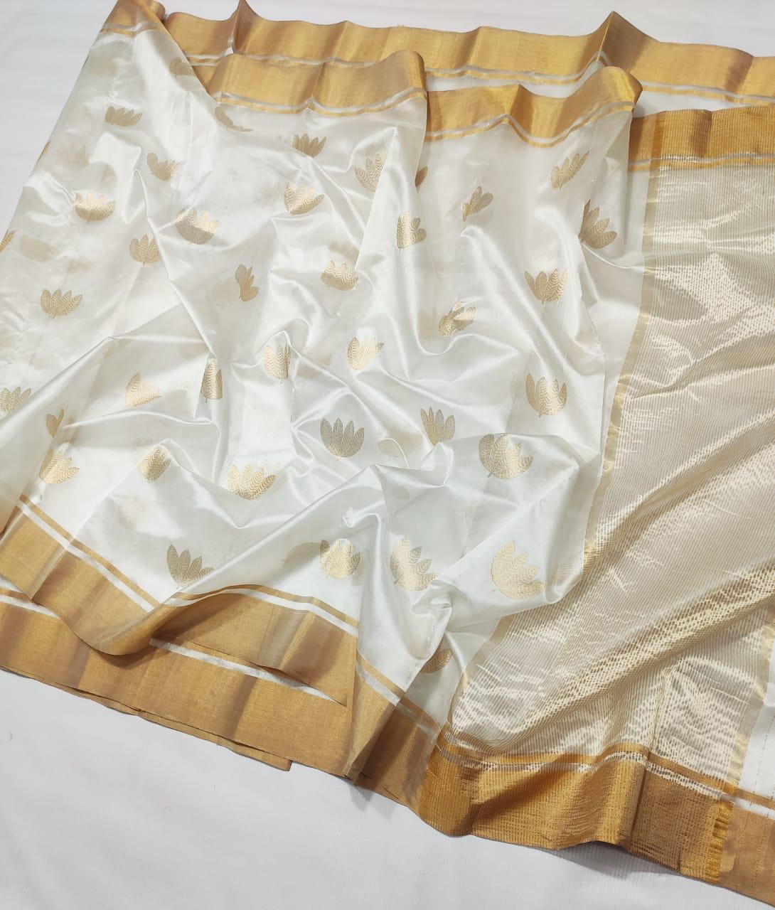 White gold Chanderi Silk Saree I Silk mark I Handwoven