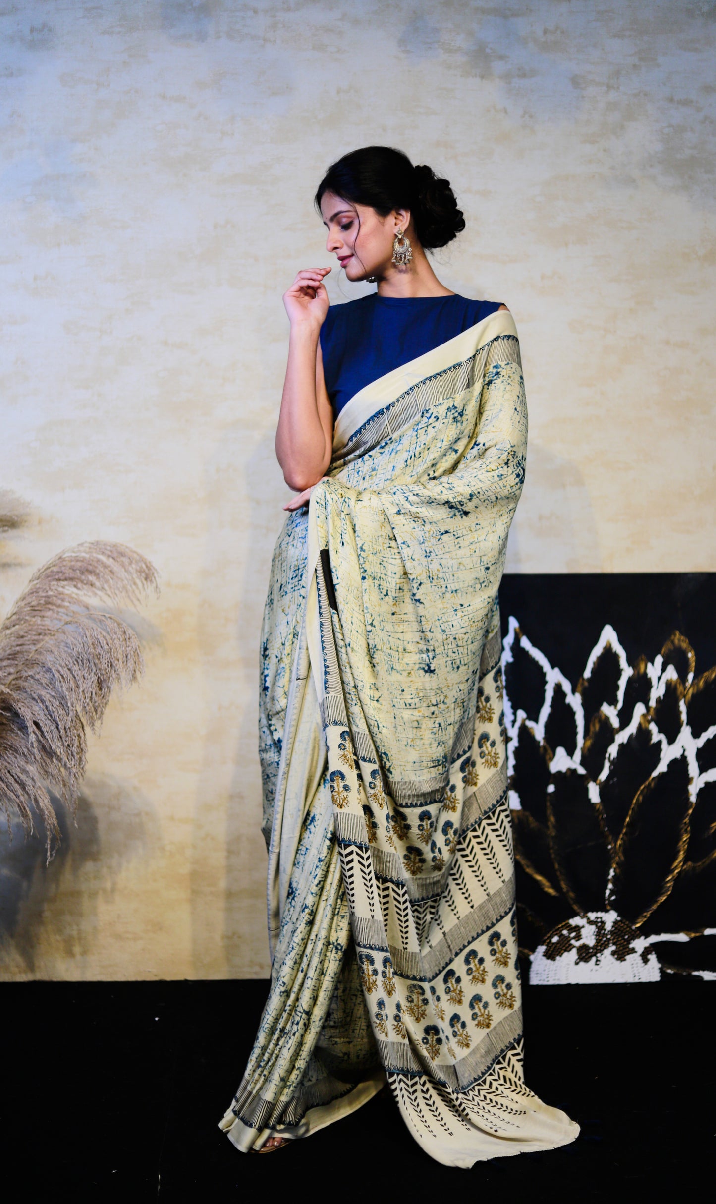 Milky white Modal Silk Saree I Ajrakh