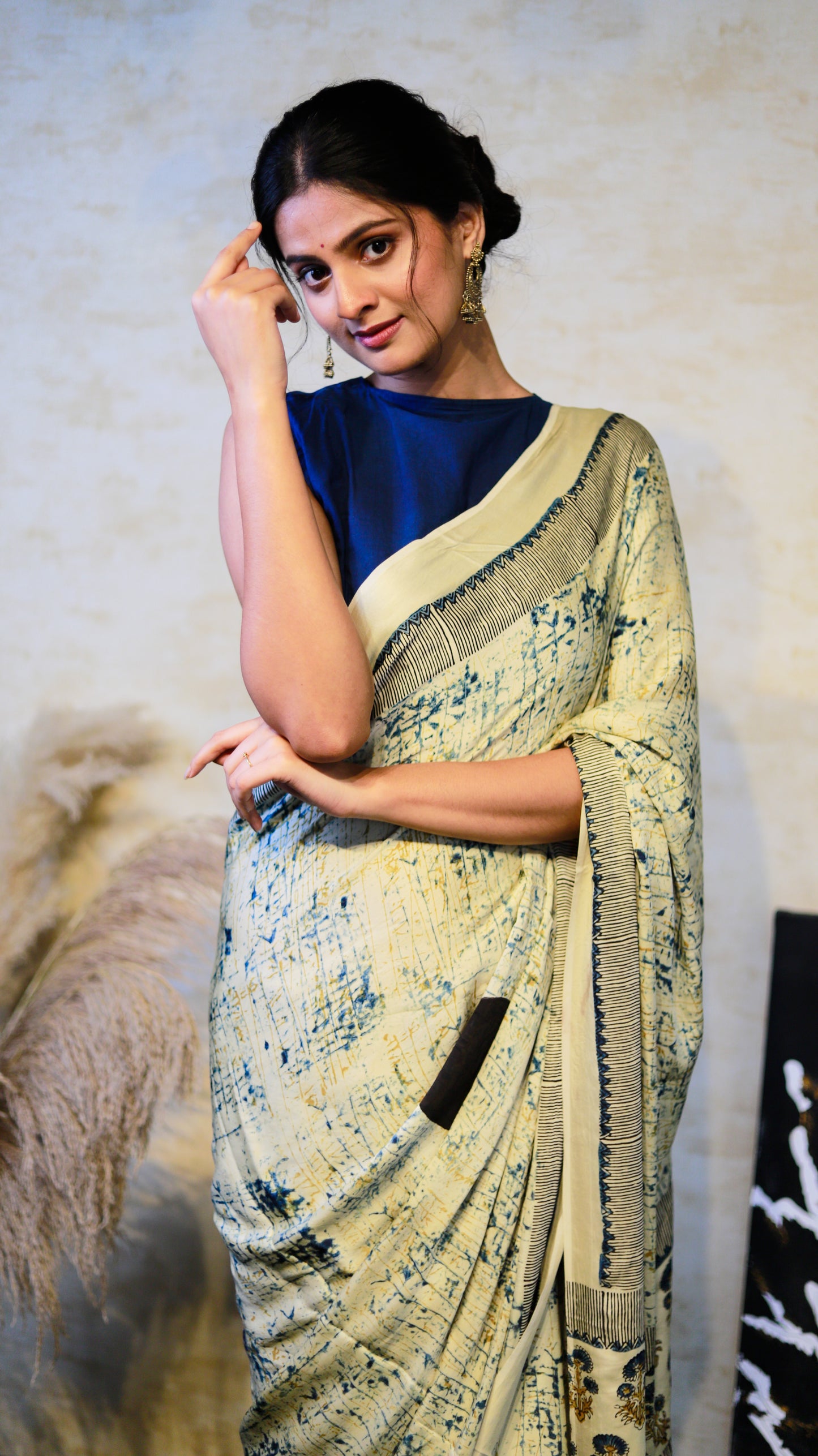 Milky white Modal Silk Saree I Ajrakh