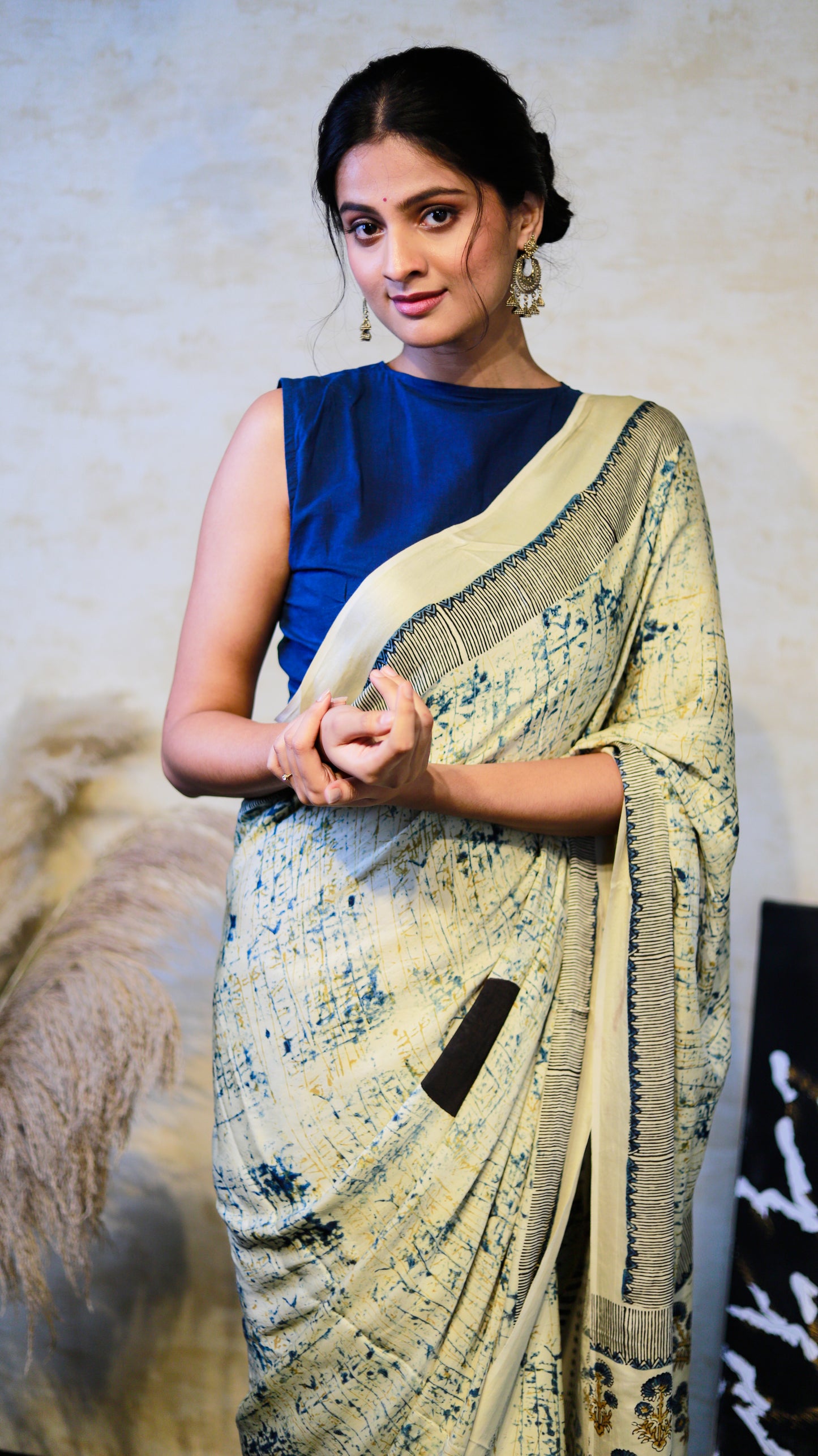 Milky white Modal Silk Saree I Ajrakh