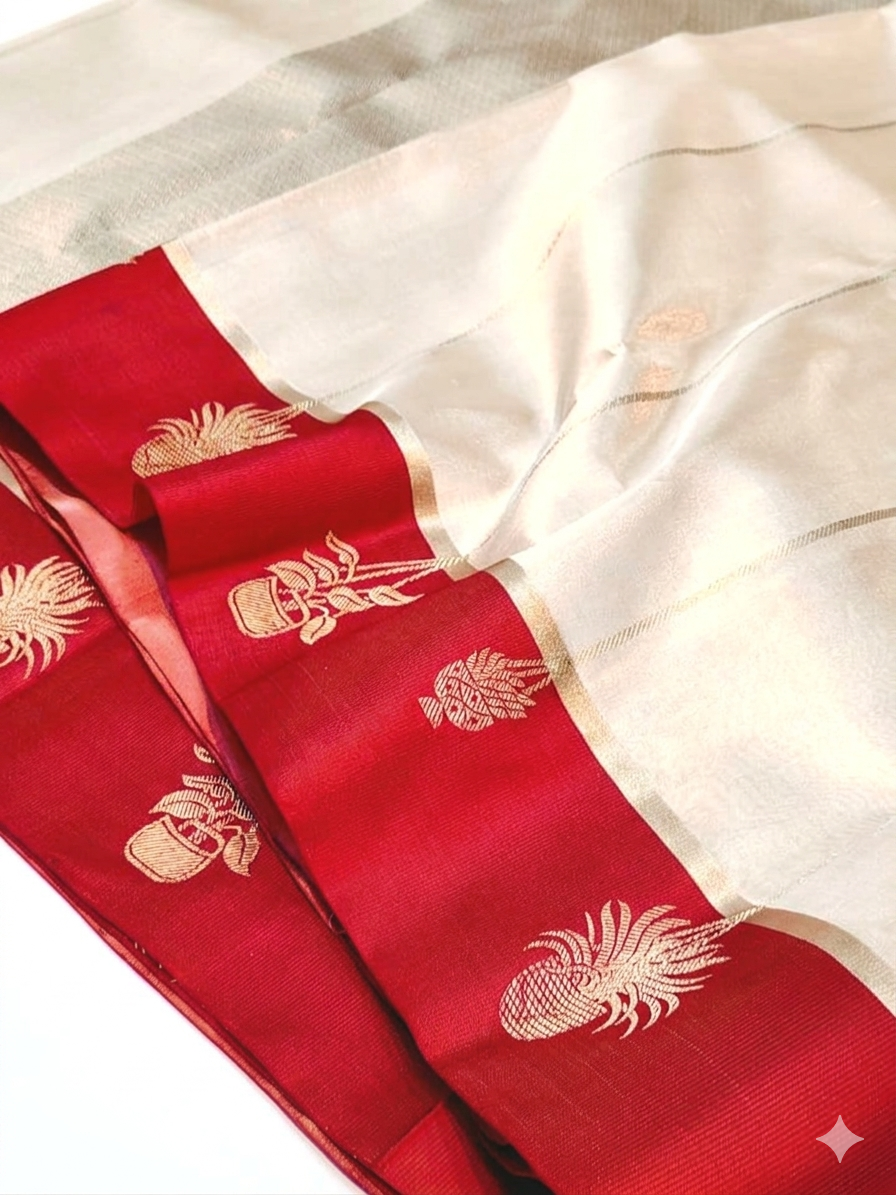 Cream red Chanderi Silk Saree I Silk mark I Handwoven