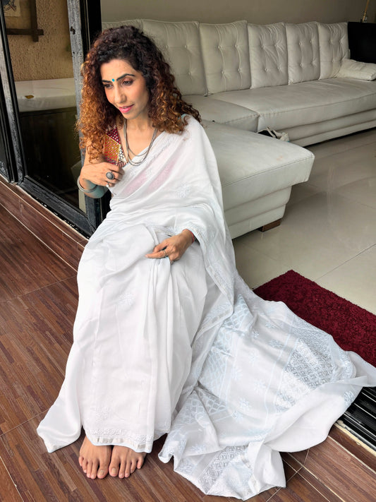 Ivory white chikankari Saree I Handcrafted