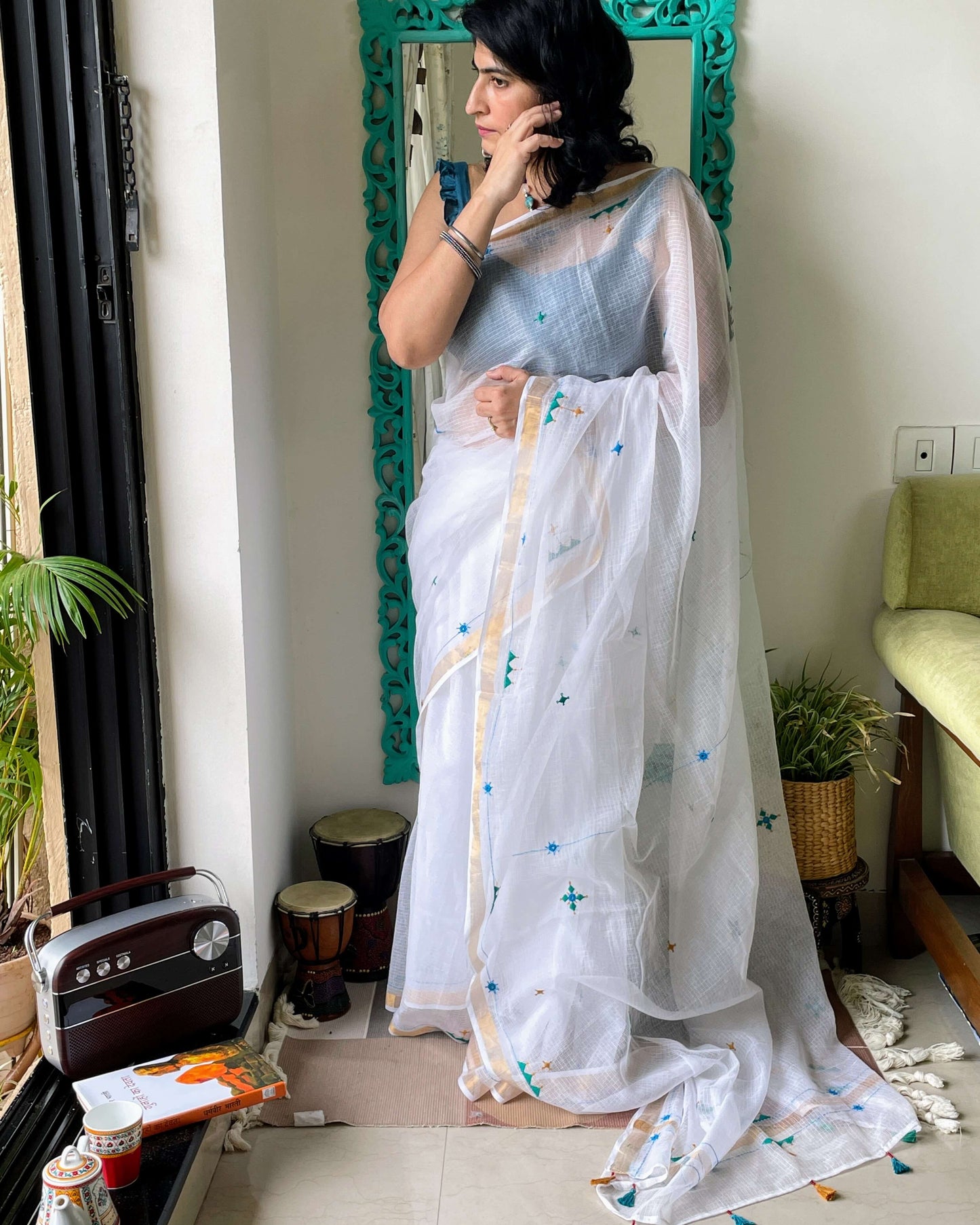 White Kota cotton with blue embroidery