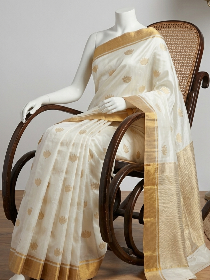 White gold Chanderi Silk Saree I Silk mark I Handwoven