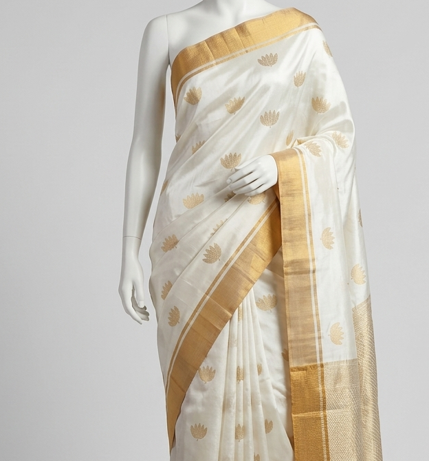 White gold Chanderi Silk Saree I Silk mark I Handwoven