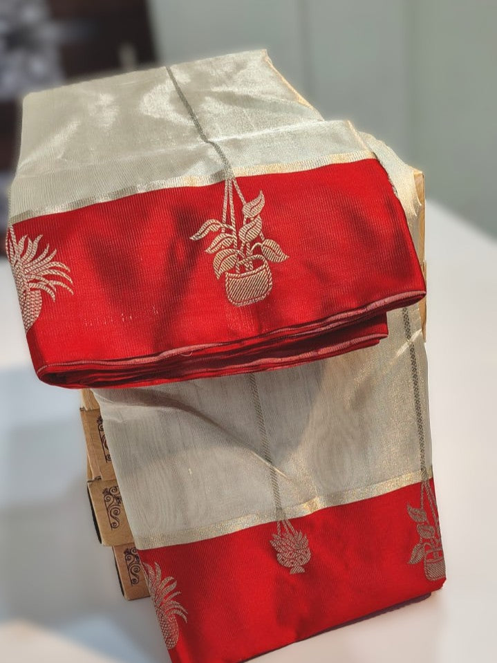 Cream red Chanderi Silk Saree I Silk mark I Handwoven