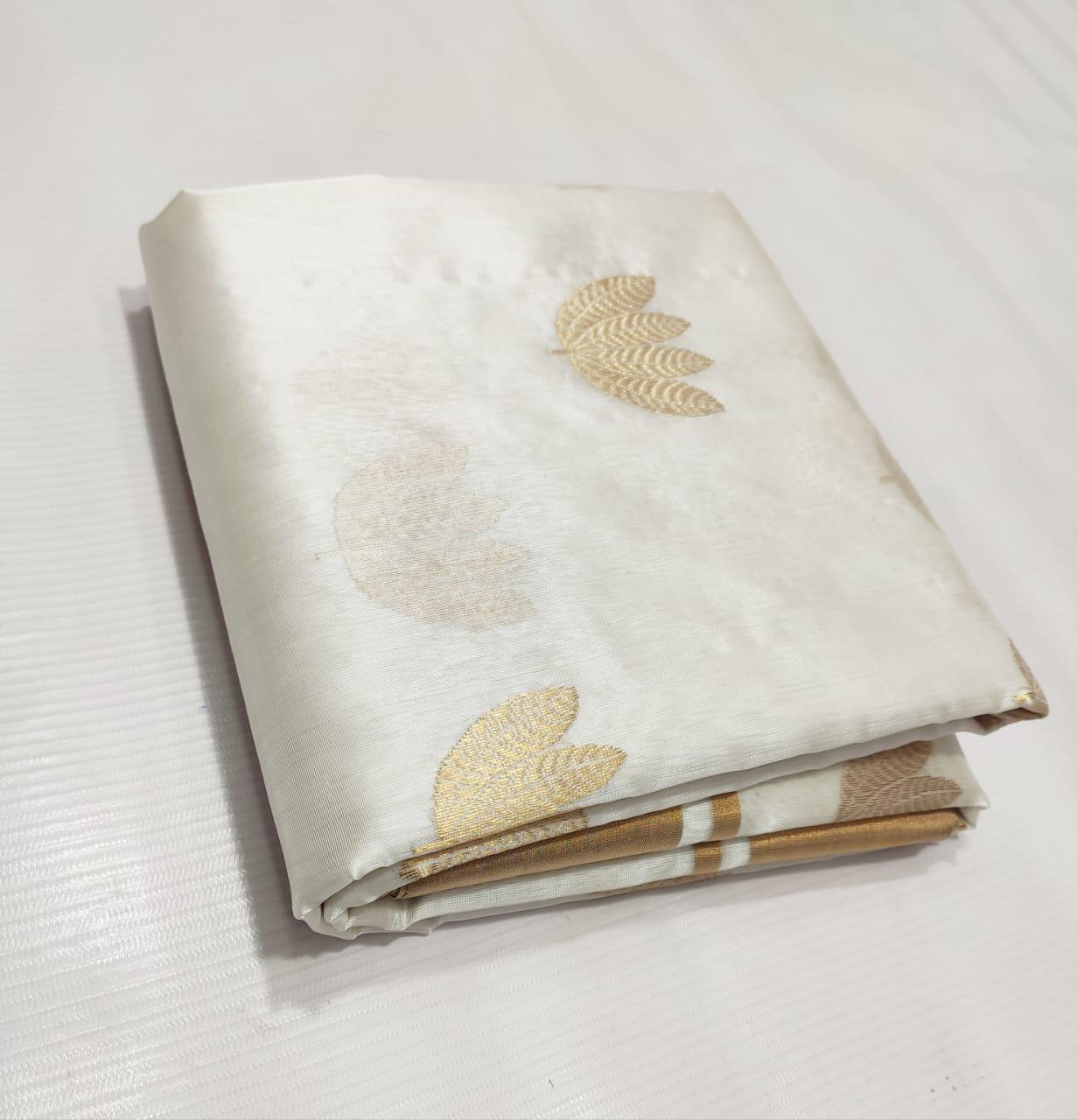 White gold Chanderi Silk Saree I Silk mark I Handwoven
