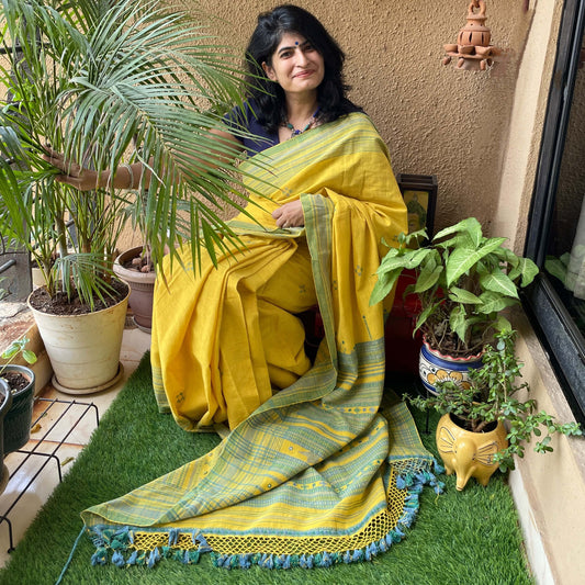 Yellow Kala Coton Bhujodi Saree