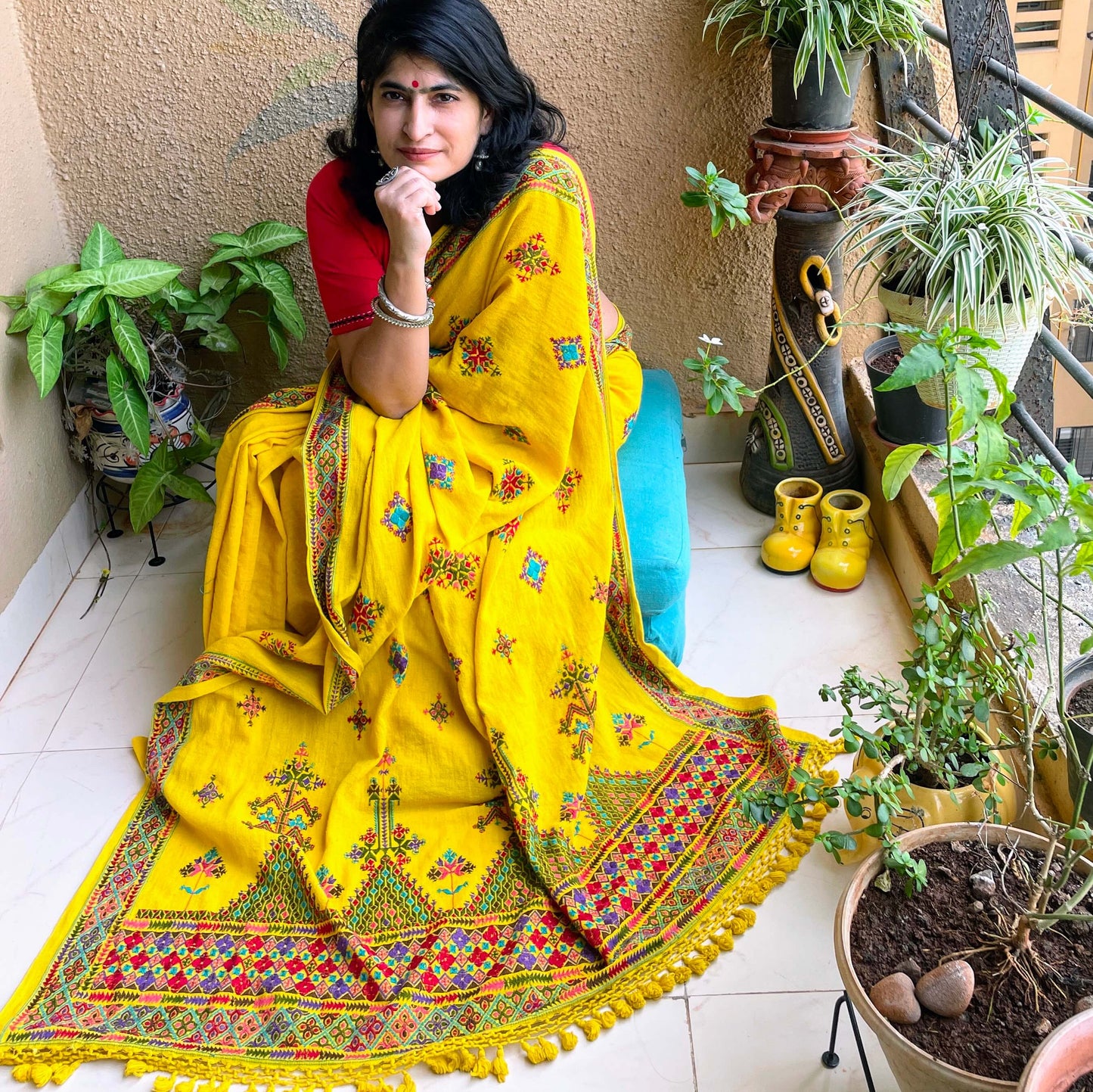 Soof Embroidery Kala cotton yellow saree