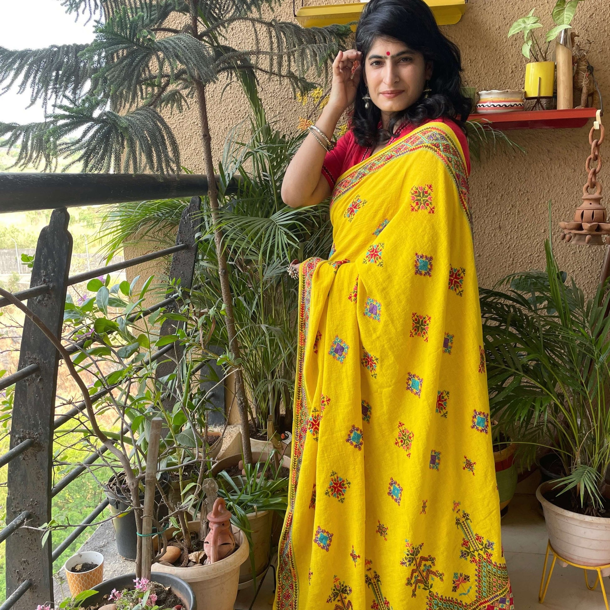 yellow soof embroidered saree