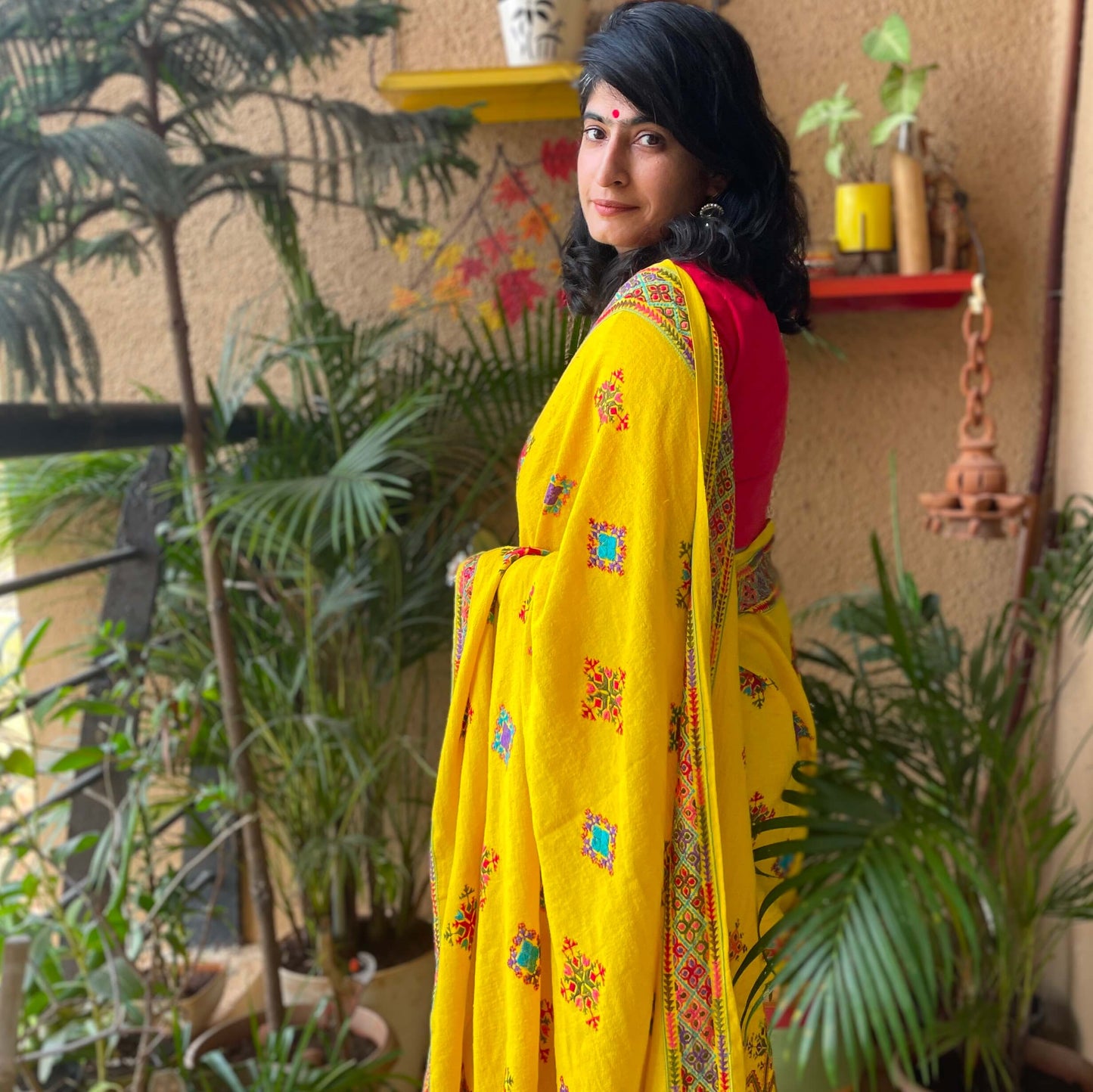 Soof Embroidery Kala cotton yellow saree