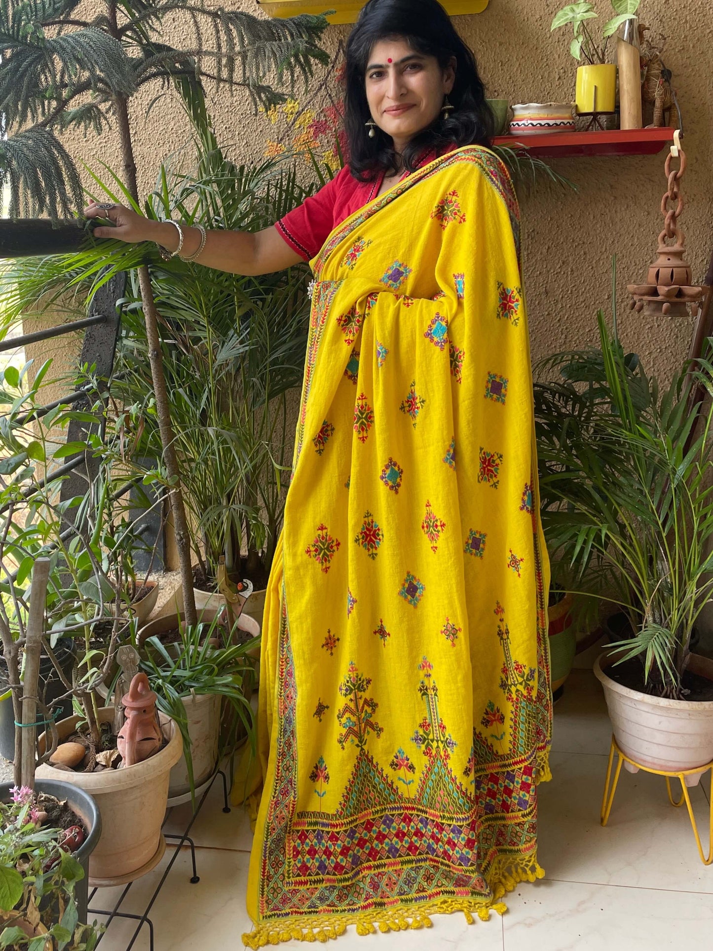 Soof Embroidery Kala cotton yellow saree