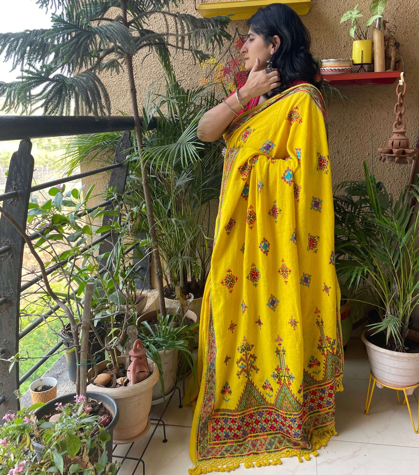 Soof Embroidery Kala cotton yellow saree