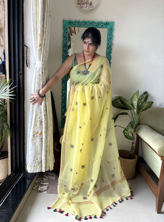 Lime yellow Kota Saree with hand embroidery I Handcrafted
