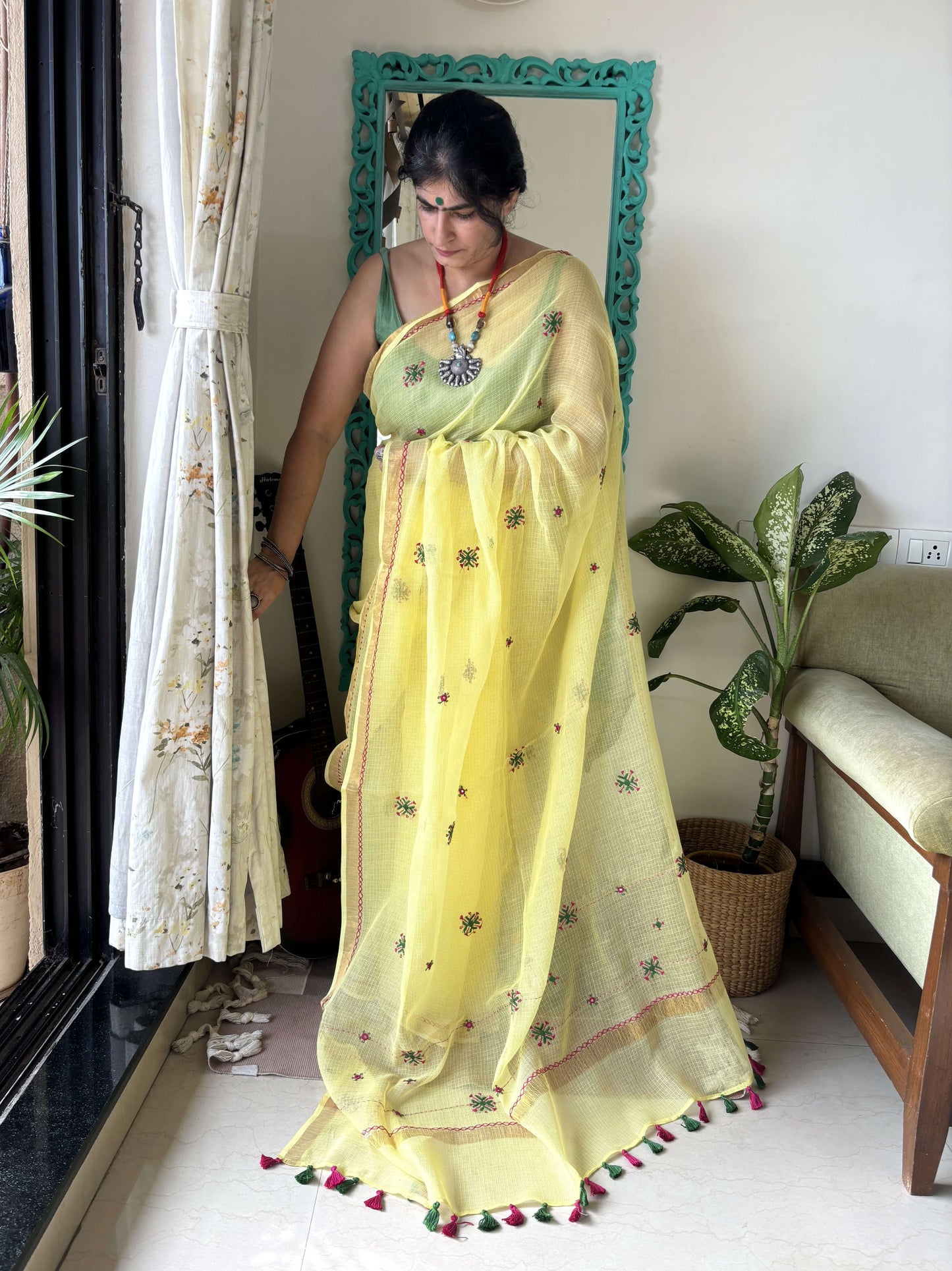 Lime yellow Kota Saree with hand embroidery I Handcrafted