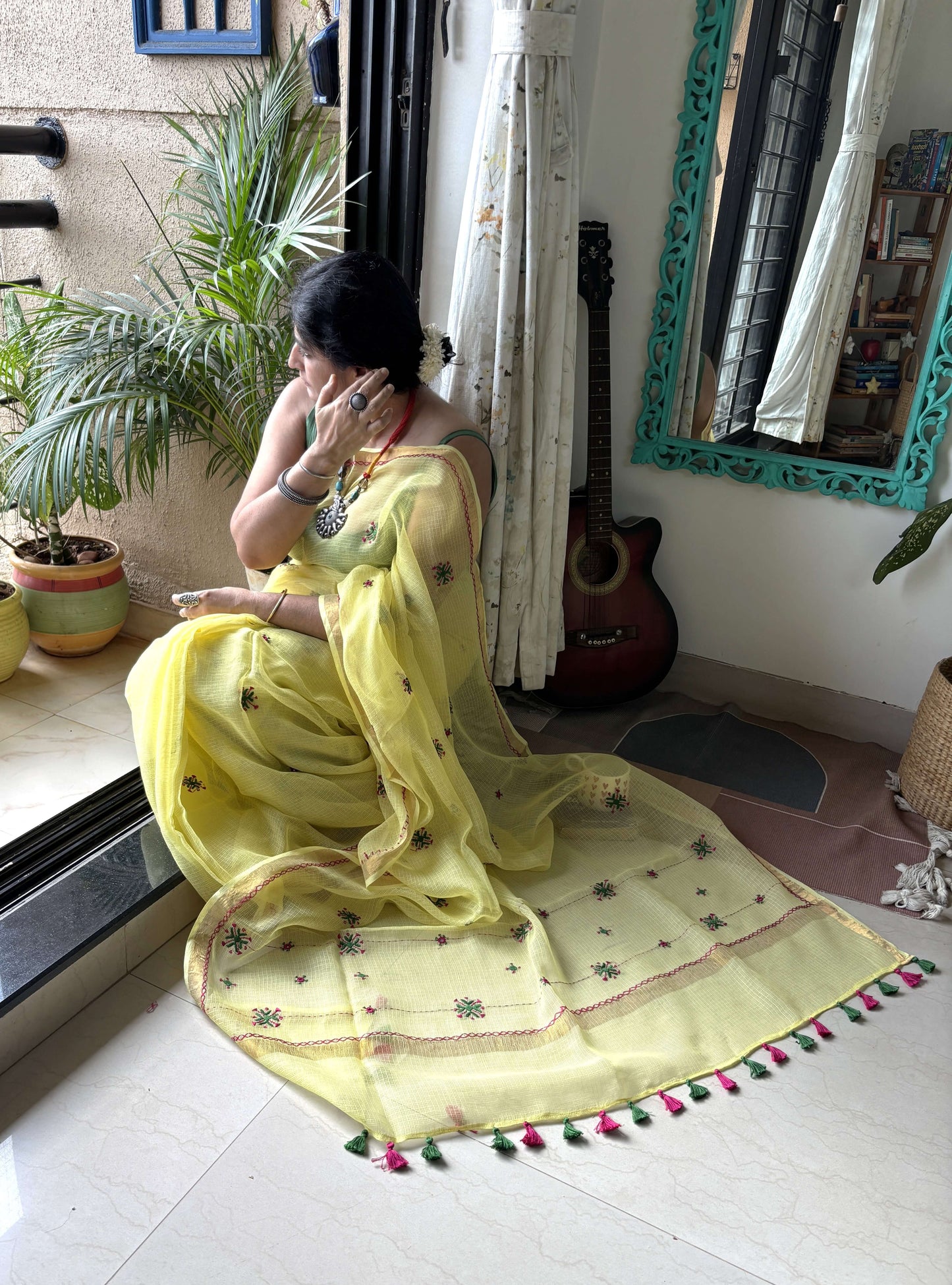 Lime yellow Kota Saree with hand embroidery I Handcrafted