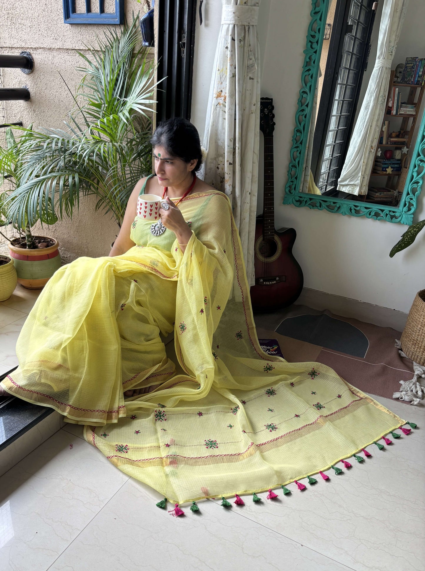 Lime yellow Kota Saree with hand embroidery I Handcrafted