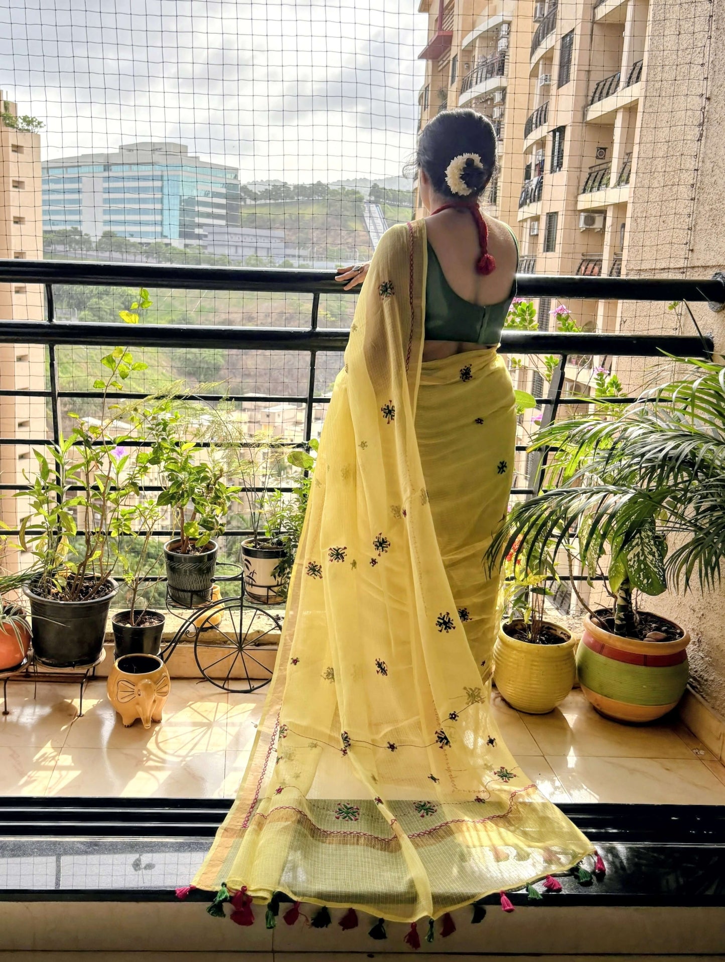 Lime yellow Kota Saree with hand embroidery I Handcrafted