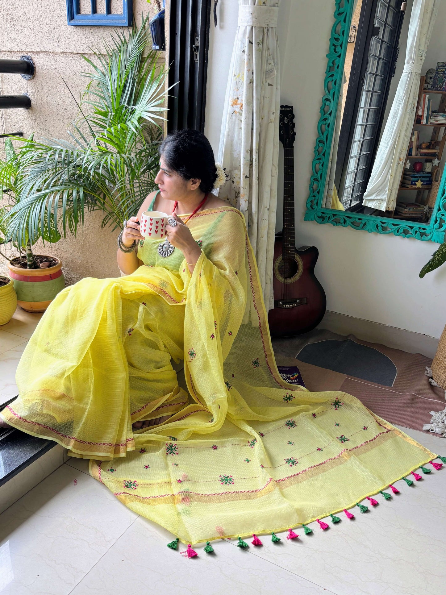Lime yellow Kota Saree with hand embroidery I Handcrafted