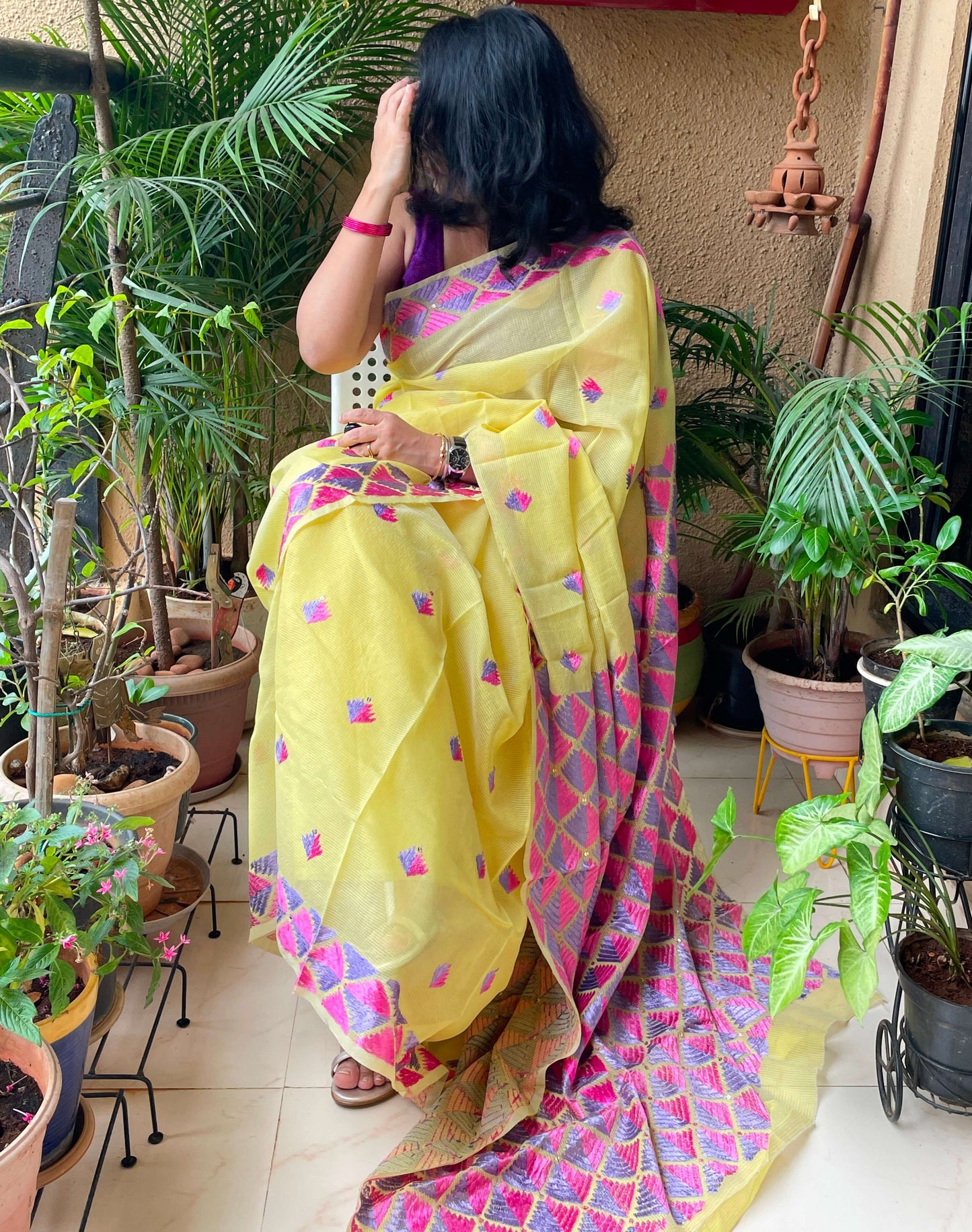 Yellow Phulkari embroidery Saree