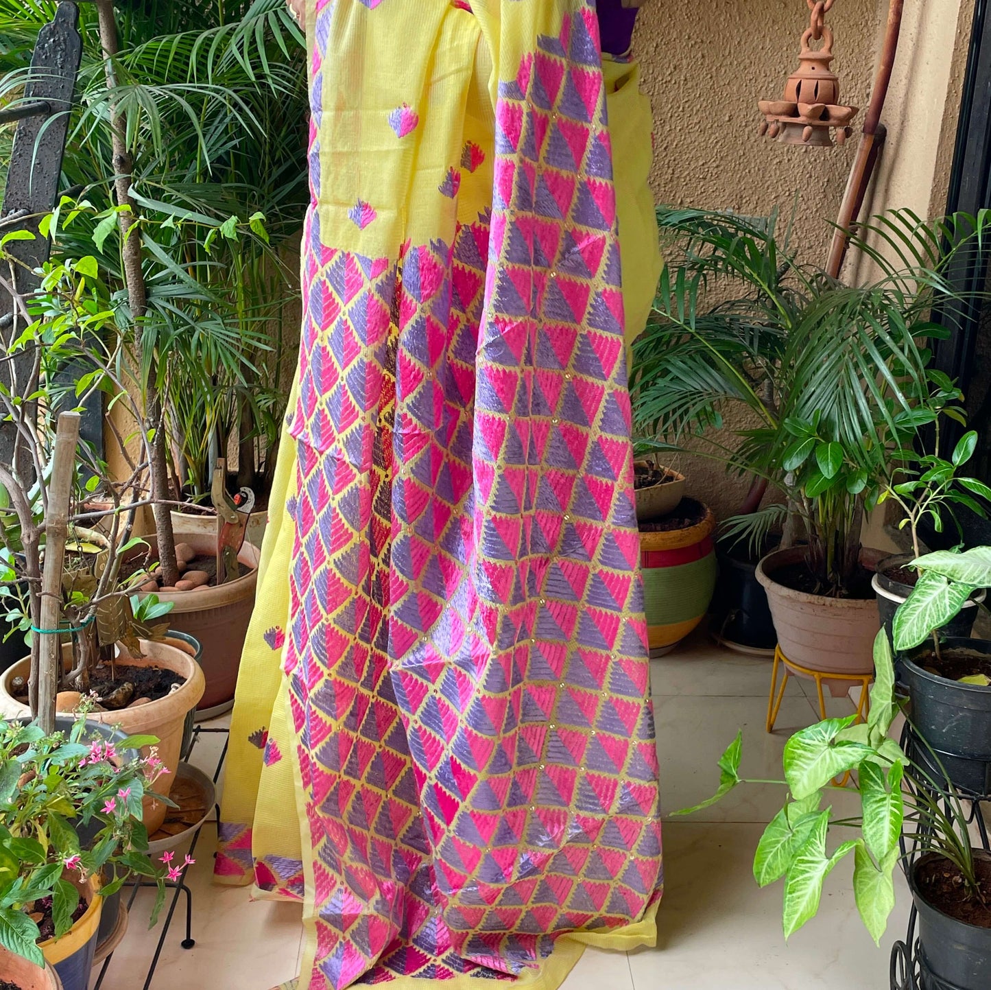 Yellow Phulkari embroidery Saree